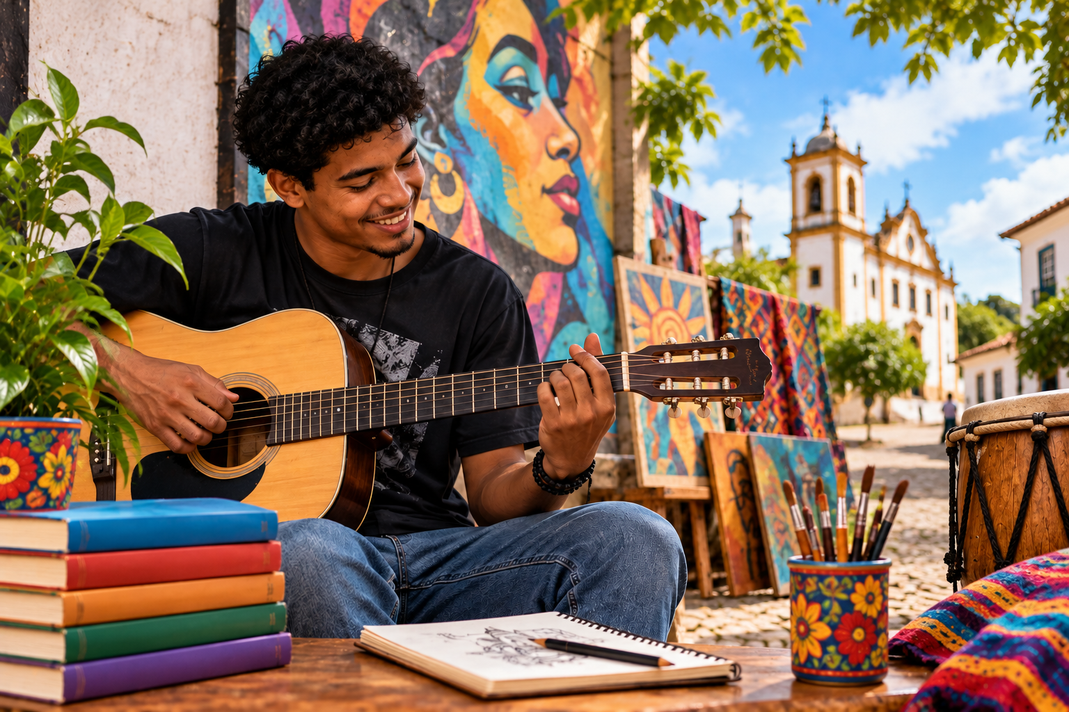 Rapaz tocando violão em ambiente com diferentes manifestações artísticas
